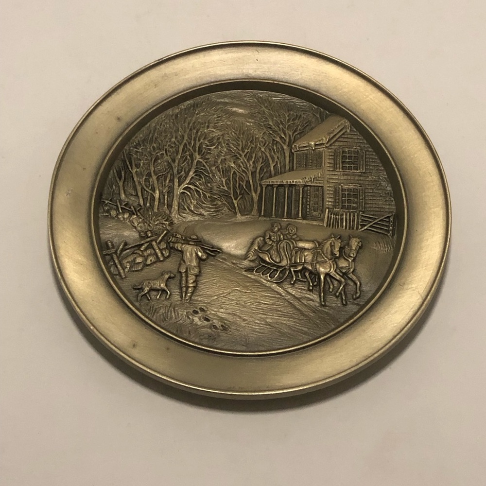 Currier and Ives Vintage Brass Wall Plate with Winter Scene